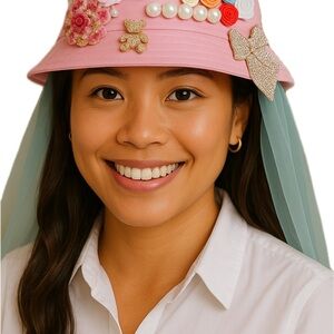 Pink Embellished Junk Bucket Hat with Detachable tulle Veil Custom Made.